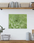 An interior wall shelf holds two wicker baskets and three metal containers, with a vintage scale on the far right. Below, a wooden console displays a white pitcher with green foliage, a wire basket, and additional containers. A green 11x14 Botanical Canvas Print (Choose from 10+ Designs) by Offley Green hangs centered on the wall.