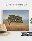 Canvas print of a solitary tree in a field against a mountain backdrop, placed on a surface. A straw hat, sunglasses, and potted plant are arranged in front of the canvas. Text above the canvas reads "11x14 Rustic Canvas Print (Choose from 10+ Designs)" by Offley Green. Perfect for those who appreciate rustic wall art.