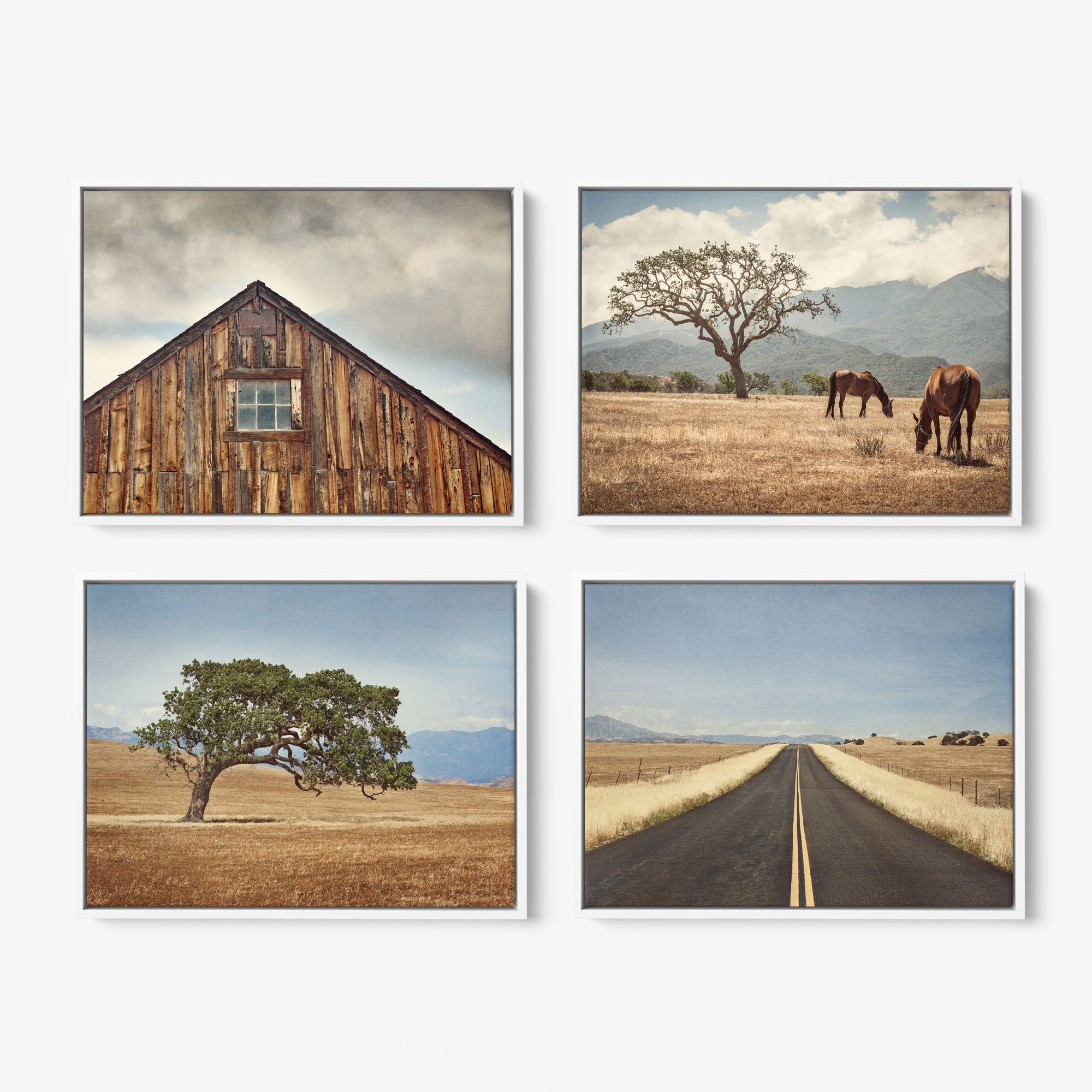 A set of four framed canvas prints by Offley Green displayed against a white background. The top left print features a weathered wooden barn, the top right showcases two horses grazing near a tree, the bottom left depicts a lone tree in a dry field, and the bottom right presents a straight road disappearing into the horizon.
