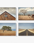 A set of four framed canvas prints by Offley Green displayed against a white background. The top left print features a weathered wooden barn, the top right showcases two horses grazing near a tree, the bottom left depicts a lone tree in a dry field, and the bottom right presents a straight road disappearing into the horizon.
