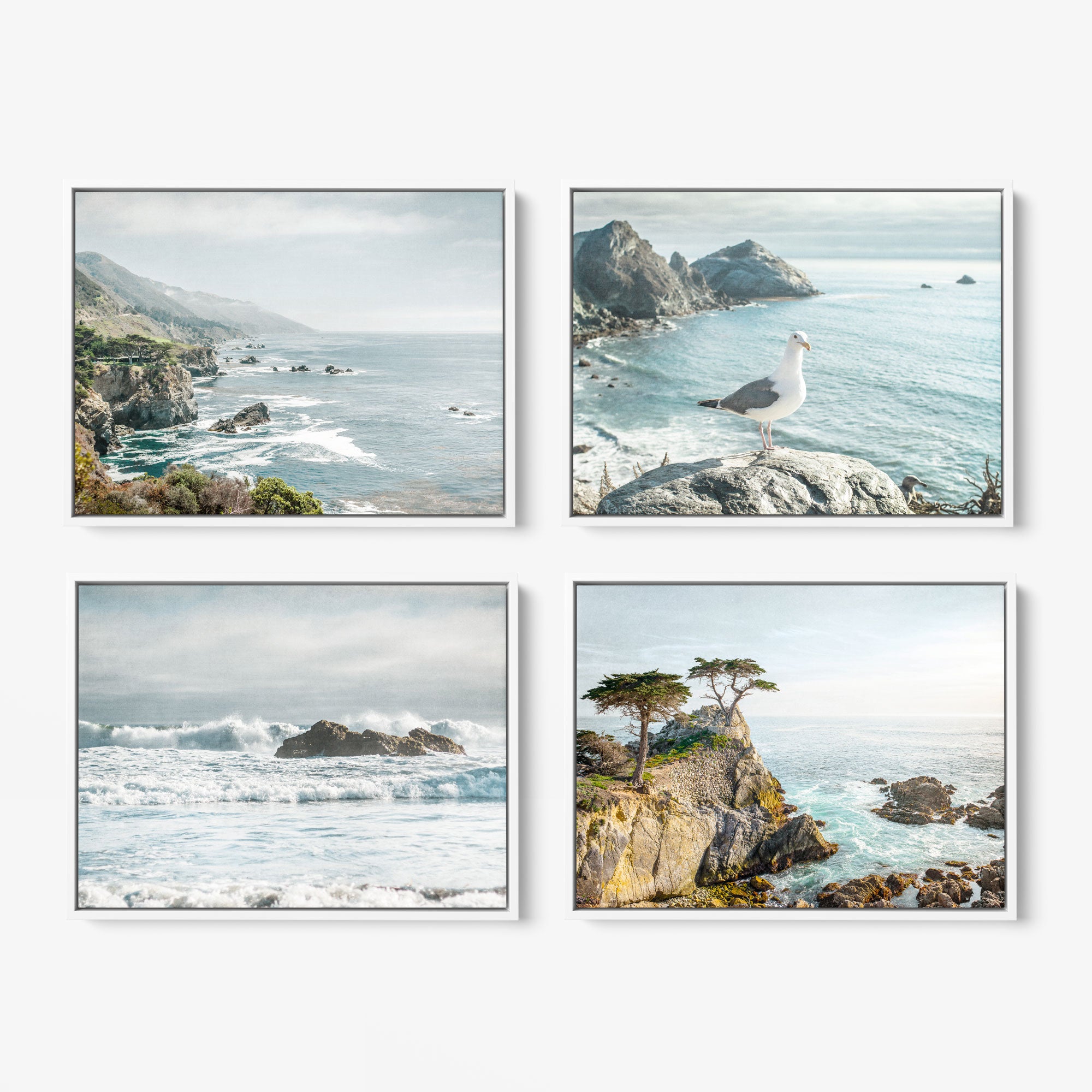 A stunning Set of 4 Framed Canvas from Offley Green is showcased on the wall, offering a variety of captivating coastal scenes. The top left canvas presents a picturesque coastal landscape with rocky cliffs, while the top right reveals a seagull perched serenely on a rock by the sea. On the bottom left, ocean waves crash dramatically against rocks, and the bottom right illustrates a serene rocky shoreline adorned with trees. Choose from multiple combinations to enrich your decor with these beautiful prints.