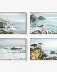 A stunning Set of 4 Framed Canvas from Offley Green is showcased on the wall, offering a variety of captivating coastal scenes. The top left canvas presents a picturesque coastal landscape with rocky cliffs, while the top right reveals a seagull perched serenely on a rock by the sea. On the bottom left, ocean waves crash dramatically against rocks, and the bottom right illustrates a serene rocky shoreline adorned with trees. Choose from multiple combinations to enrich your decor with these beautiful prints.