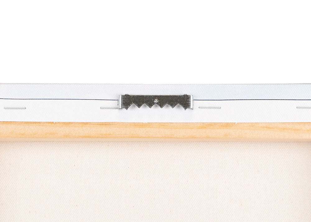Close-up of a metal hanging mechanism attached to the back of a wooden picture frame, against a white background with Offley Green&#39;s Abstract Green Botanical Canvas Wall Art, &#39;Strands and Spikes&#39;.