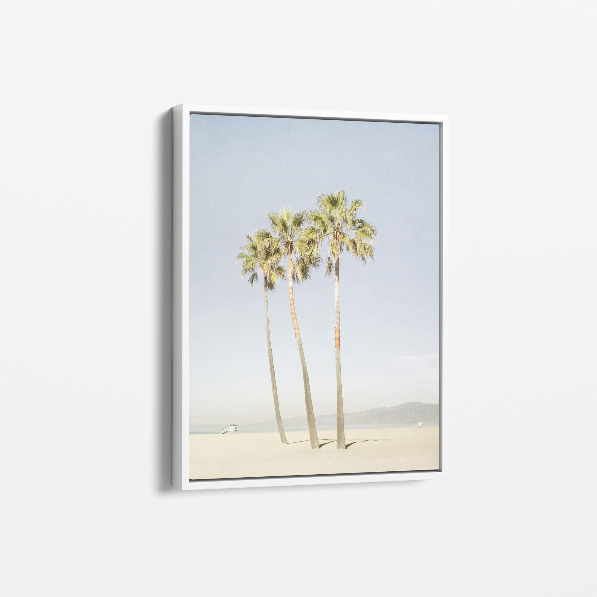 A Set of 4 Framed Canvas prints by Offley Green, each measuring 24x30, hangs on a white wall. One canvas features three tall palm trees standing on a sandy beach with a clear blue sky in the background and distant mountains visible on the horizon. Printed on premium poly-cotton blend canvas, this serene scene evokes a tranquil, coastal atmosphere.