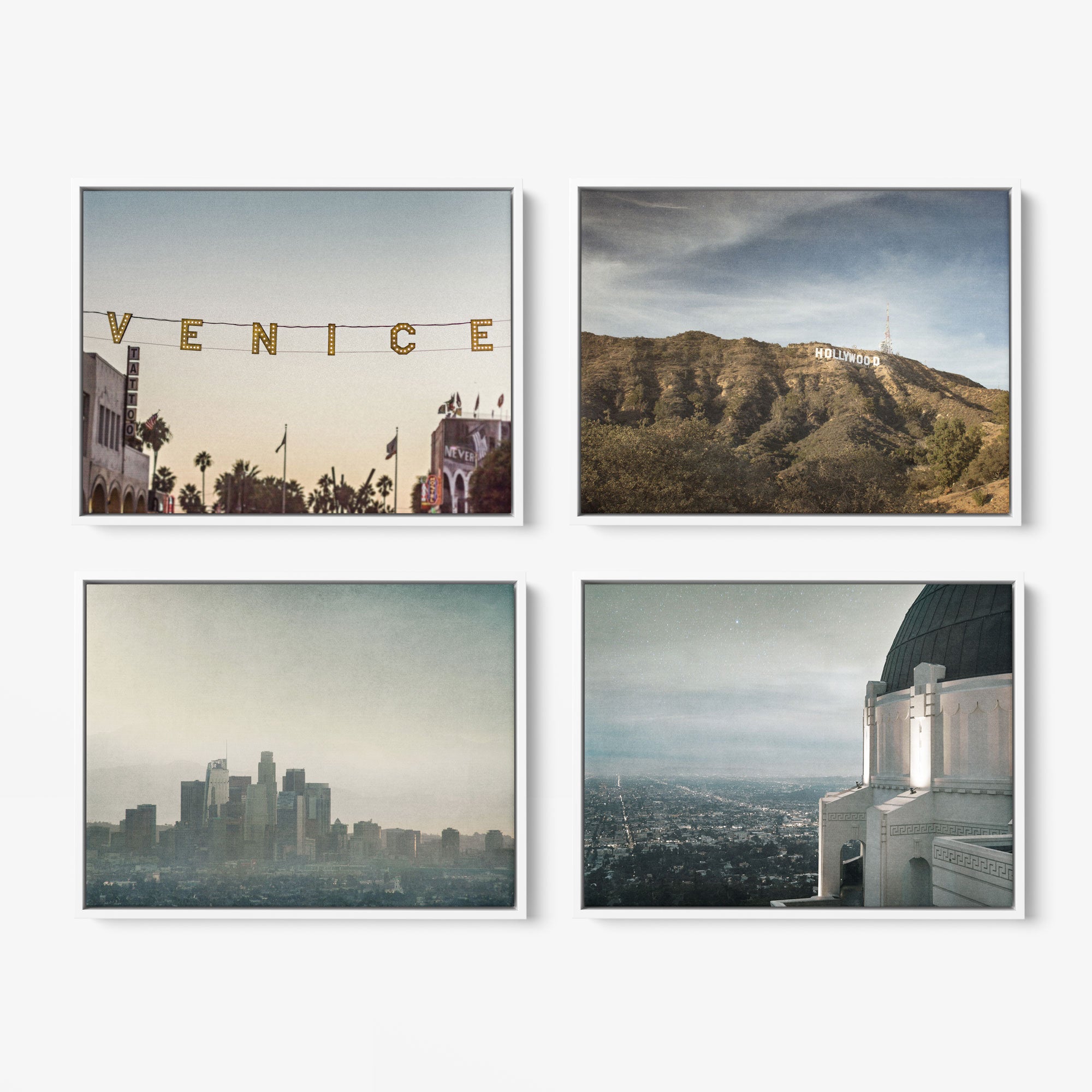 A set of 4 framed canvas prints by Offley Green, featuring a collage of images: Top-left, the iconic Venice sign in California against a sunny street with palm trees; top-right, the majestic Hollywood sign on a hillside; bottom-left, a hazy cityscape of downtown Los Angeles; and bottom-right, Griffith Observatory overlooking the city. This selection captures coastal styles and vibrant city life perfectly.