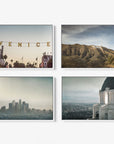 A set of 4 framed canvas prints by Offley Green, featuring a collage of images: Top-left, the iconic Venice sign in California against a sunny street with palm trees; top-right, the majestic Hollywood sign on a hillside; bottom-left, a hazy cityscape of downtown Los Angeles; and bottom-right, Griffith Observatory overlooking the city. This selection captures coastal styles and vibrant city life perfectly.