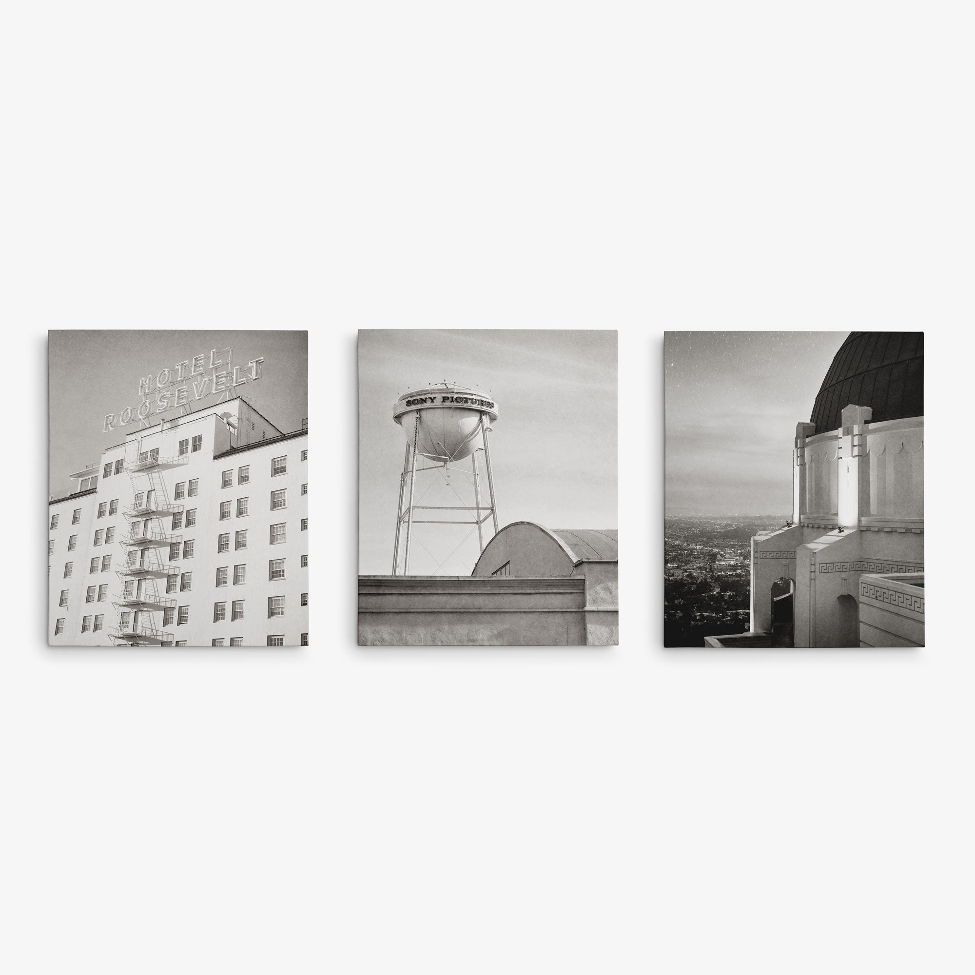 A triptych of black and white photos on premium artist-grade canvas from Offley Green: left shows the Hotel Roosevelt facade; center features a &quot;Sony Pictures&quot; water tower; right captures a domed building with an expansive city view. Available as part of the Set of 3 Canvas (multiple combinations).