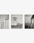 A triptych of black and white photos on premium artist-grade canvas from Offley Green: left shows the Hotel Roosevelt facade; center features a "Sony Pictures" water tower; right captures a domed building with an expansive city view. Available as part of the Set of 3 Canvas (multiple combinations).