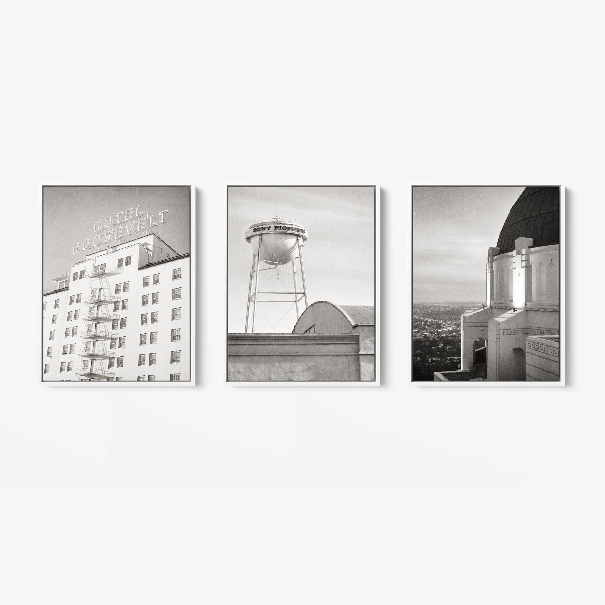 Offley Green&#39;s &quot;Set of 3 Framed Canvas&quot; features black-and-white photos: a building with &quot;Hotel Roosevelt,&quot; a water tower with &quot;Sony Pictures,&quot; and an observatory with a city view.