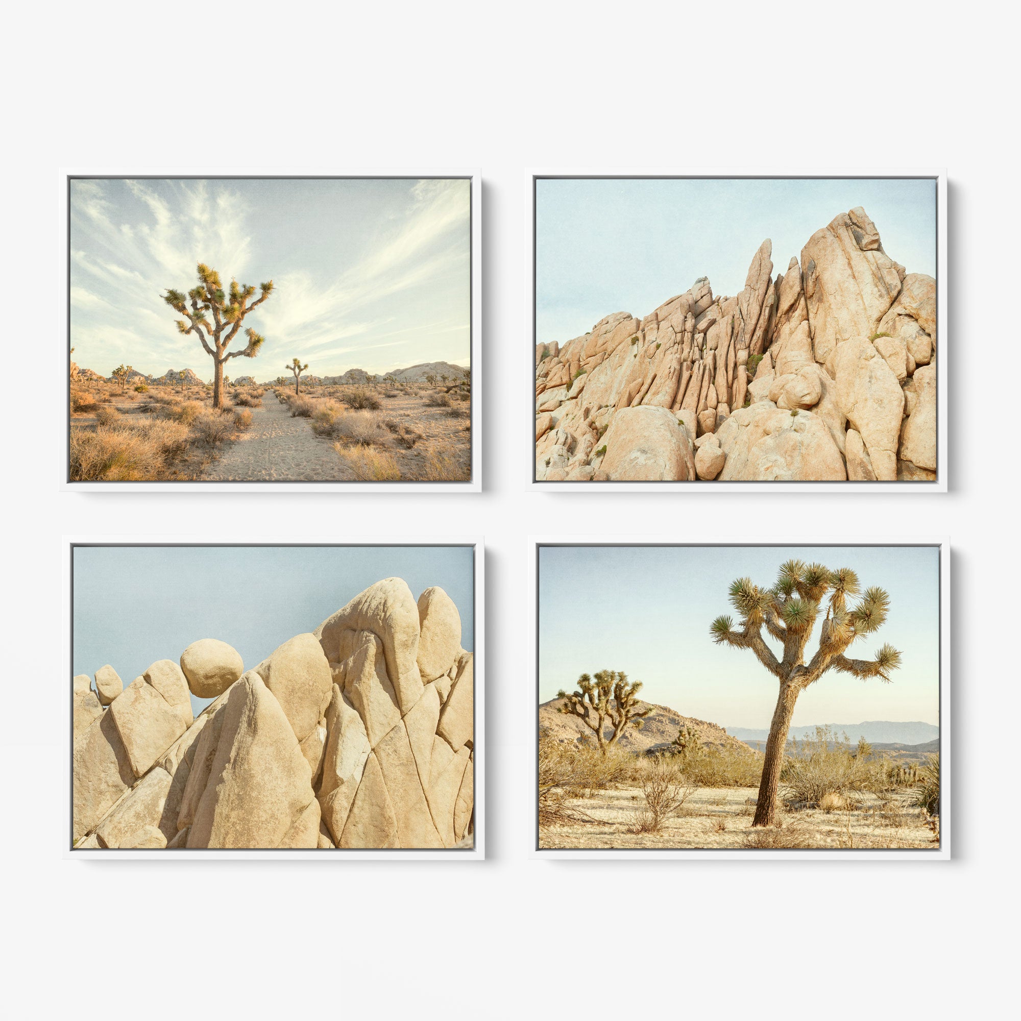 Introducing the Offley Green Set of 4 Framed Canvas prints, offering you a captivating selection from multiple combinations. This particular set features striking desert landscapes, highlighting Joshua trees and rugged rocky terrain under clear skies. The artwork is elegantly arranged in a 2x2 grid, each piece beautifully capturing different aspects of the desert environment.