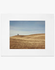 A framed photograph depicting a solitary tree atop a gently rolling hill covered with golden brown grass in the Santa Ynez Valley under a clear blue sky. Offley Green's California Central Coast Landscape Print 'Golden Ynez' captures this breathtaking scene beautifully.