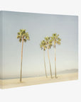 A minimalist photograph capturing a serene beach scene with five tall palm trees standing in the sand. The sky is clear with a faint haze, creating a calm and peaceful atmosphere. The background includes distant, barely visible mountains—perfect for Offley Green's 30x40 California Canvas Print (Choose from 10+ Designs). Ideal as wall art or for your canvas gallery wrap collection.