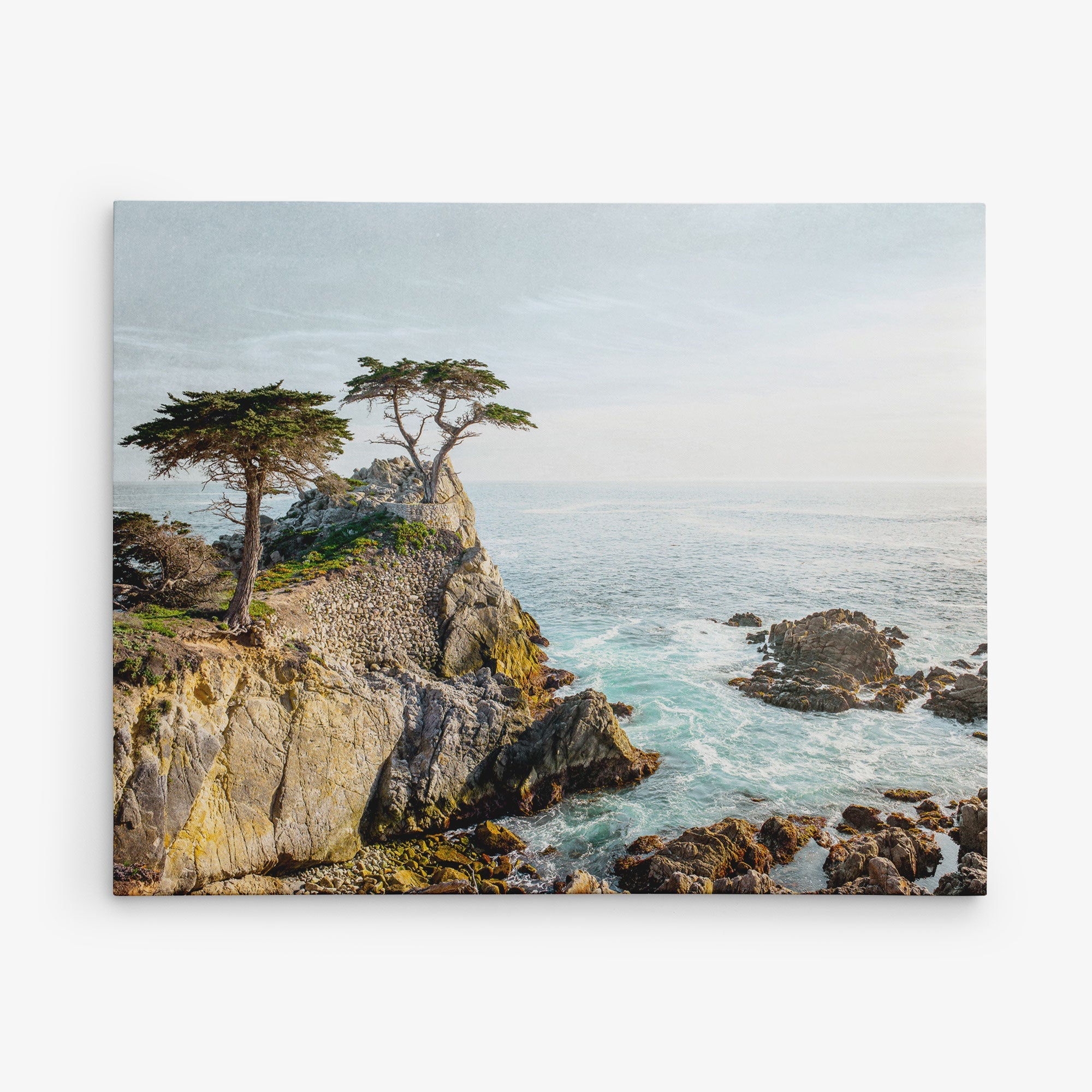 A coastal scene featuring rocky cliffs with two wind-swept trees perched on top, overlooking a vast ocean. The waves crash against the rocks, and the sky is a pale blue with a few wispy clouds. This serene and picturesque view would make stunning wall art as an Offley Green 8x10 Coastal Canvas Print (available in over 10 designs).