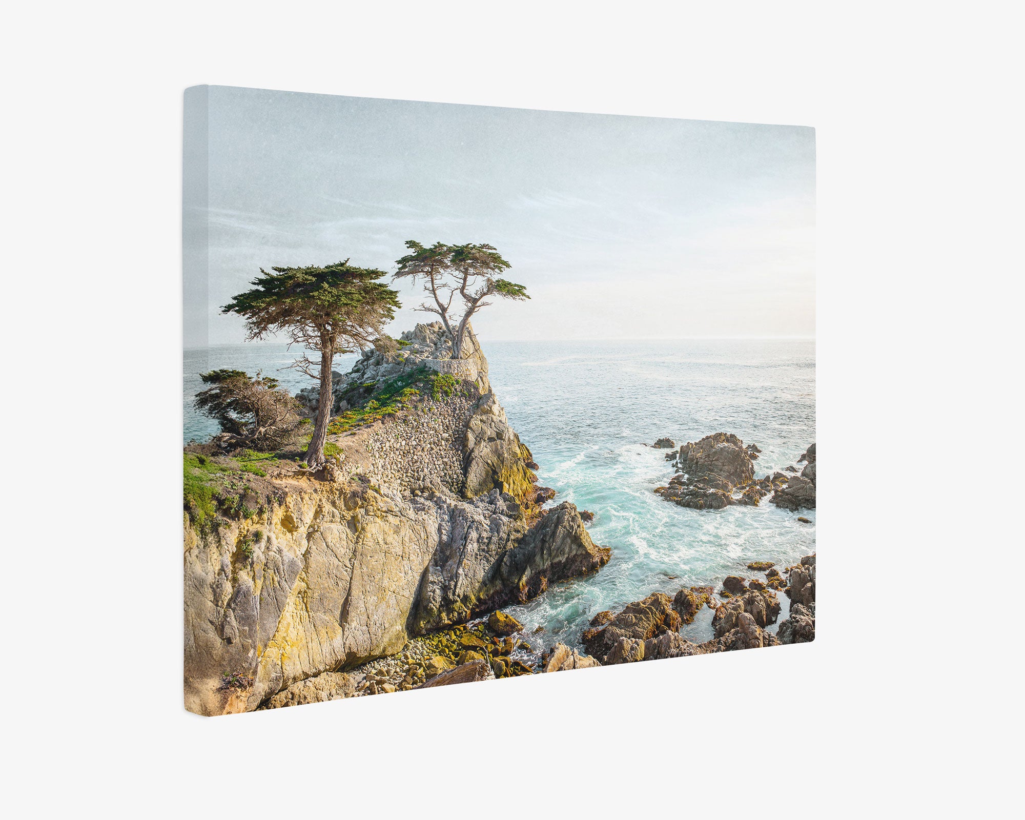 The Offley Green 11x14 Coastal Canvas Print, available in over ten designs, showcases a scenic coastal landscape with rocky cliffs and turquoise waves crashing below. Three resilient trees stand atop the cliff, reaching toward a partly cloudy sky. The sunlight highlights the natural beauty of the ocean and rocky shoreline, making it ready to hang.