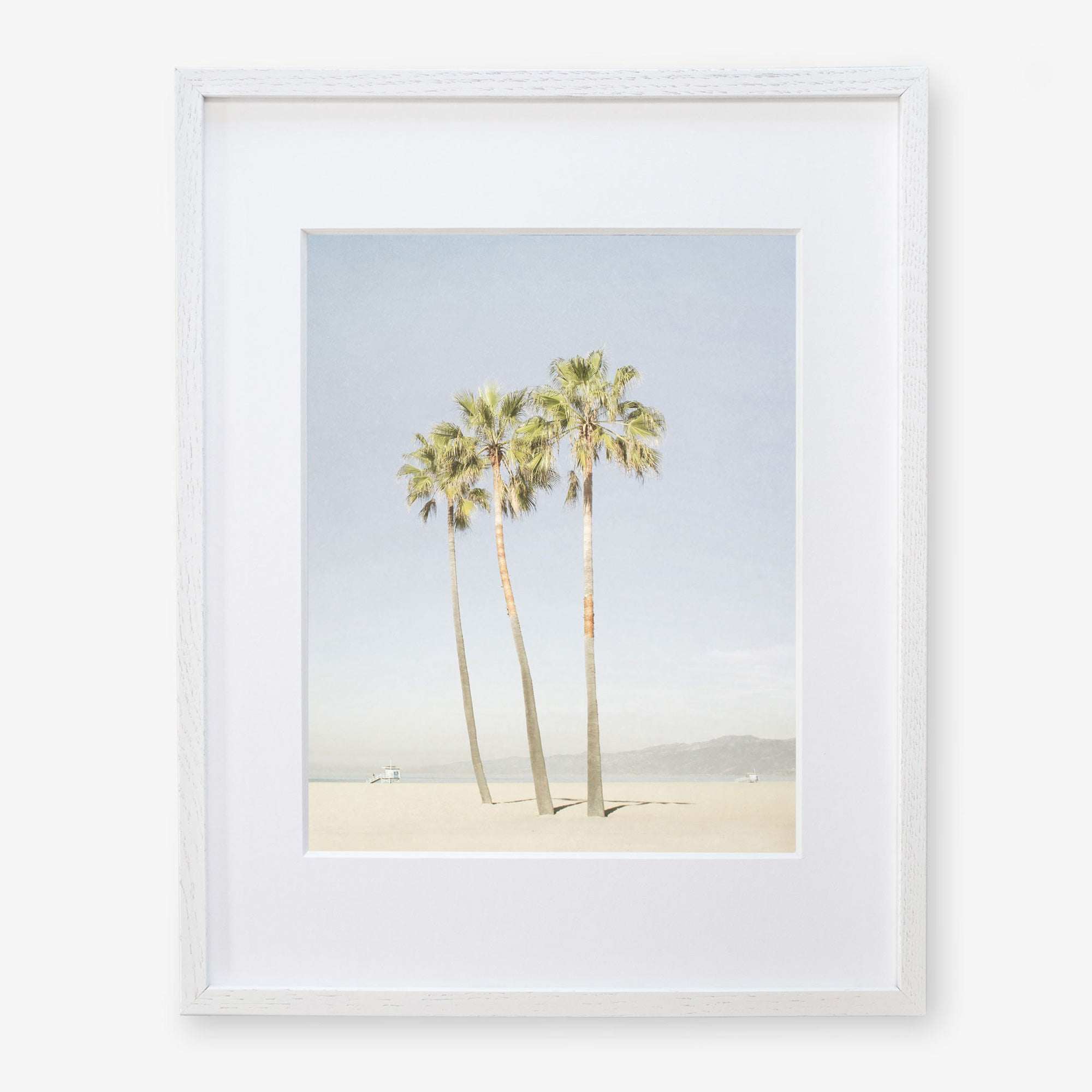 A framed photograph of three tall palm trees under a clear sky, taken at Venice Beach, with a sandy beach and distant hills visible at the base of the palms - Offley Green California Venice Beach Print, &#39;Three Palms&#39;.