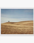 A framed photograph of a solitary tree atop a gentle, rolling hill covered in dry, golden grass under a clear sky in the Santa Ynez Valley. The scene conveys a peaceful rural landscape featuring the Offley Green California Central Coast Landscape Print 'Golden Ynez'.