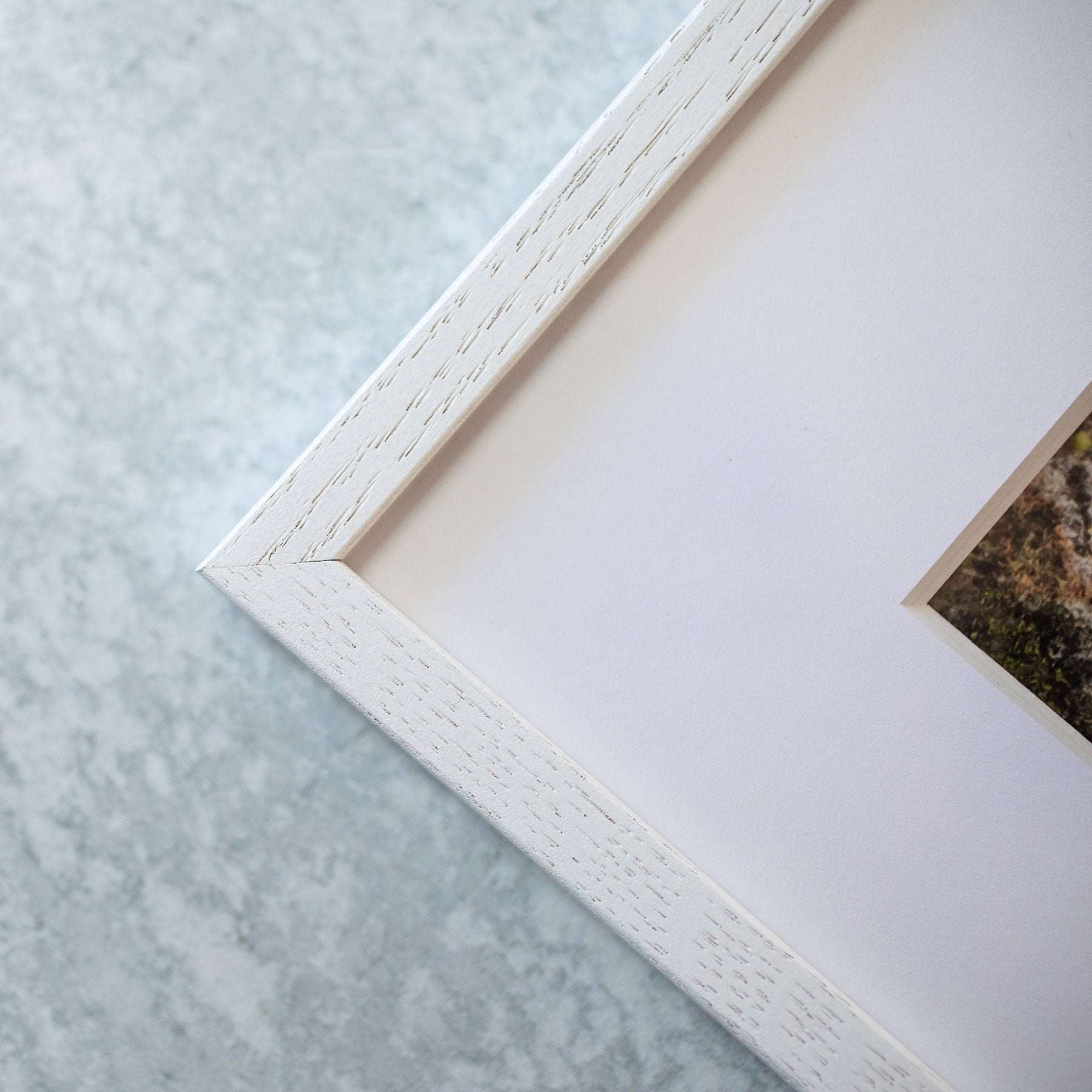 Close-up of a corner of an unframed &#39;Desert Fireworks&#39; print on archival photographic paper by Offley Green, featuring desert plants photography, placed against a light gray background and focusing on frame details.