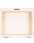 The image shows the back view of a stretched canvas frame, ideal for showcasing wall art. The wooden frame holds a blank, unprimed white canvas tightly in place. The canvas edges are secured with staples, and a metal hanging hook is attached at the top center of the frame for easy display.