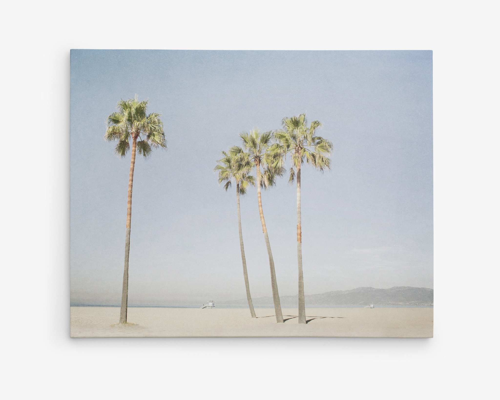A serene beach with golden sand and five tall palm trees standing in a line, reminiscent of Venice Beach. The sky is clear and blue, with distant mountains visible on the horizon. Two small boats can be seen on the calm water in the background, captured beautifully on Offley Green's California Venice Beach Canvas Wall Art, 'Boardwalk Palms'.
