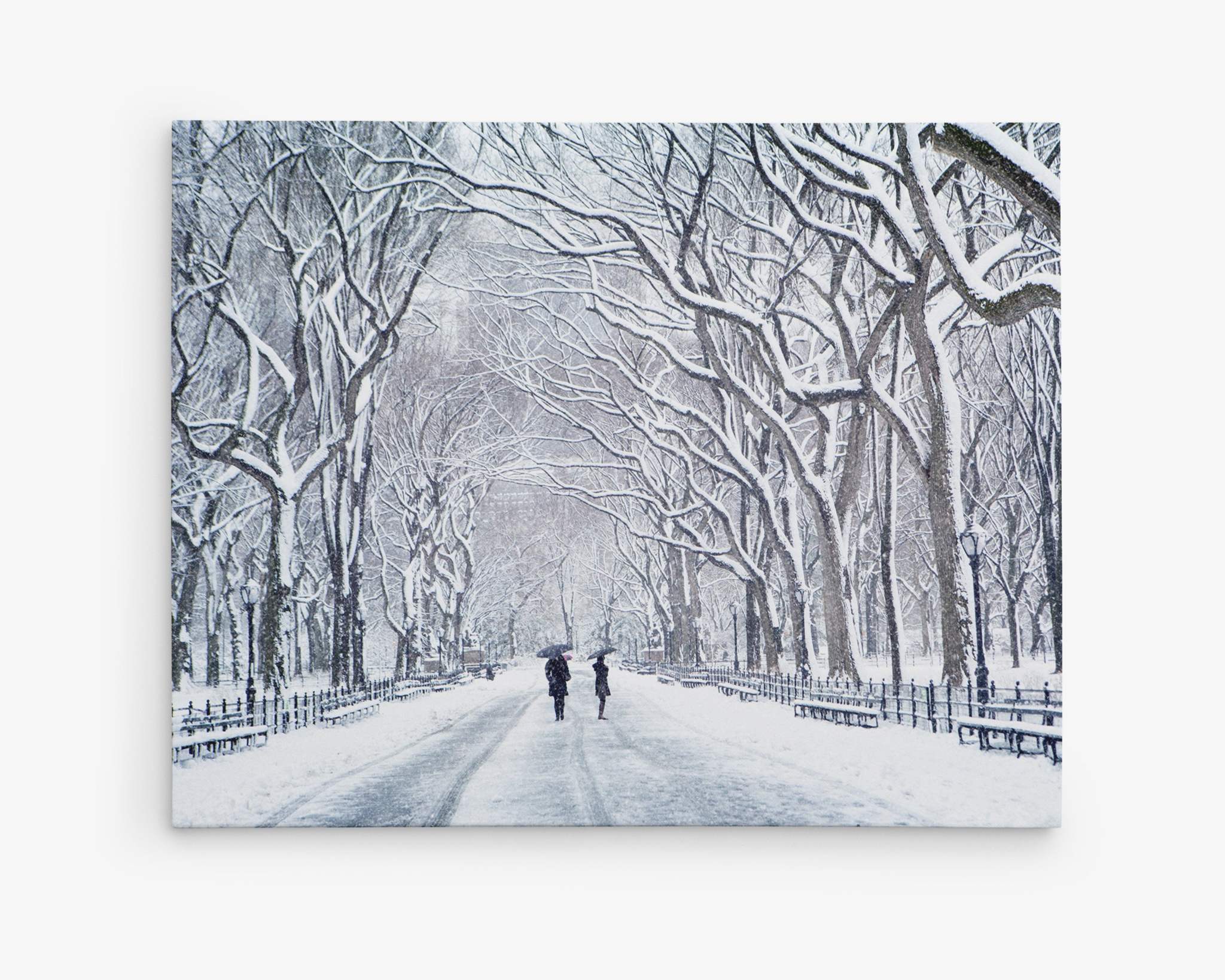 A snowy winter scene in a park with bare trees lining both sides of a wide path. Two people, dressed in winter clothing, walk down the path, creating footprints in the snow. The sky is overcast, and the entire landscape is covered in a thick layer of snow on Offley Green&#39;s New York Central Park Wall Art, &#39;The Mall In Winter&#39;.